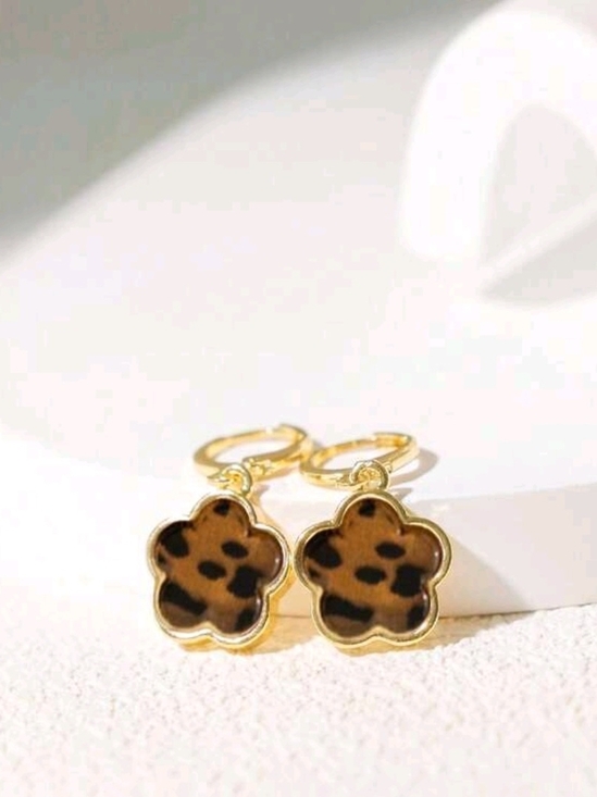 Jewelry - Gold Flower Hoop Earrings with Leopard Print Inset